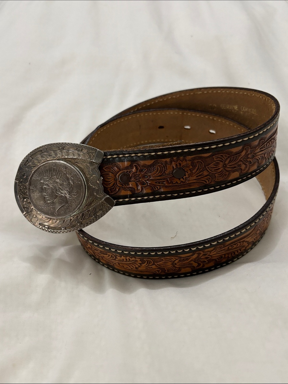 Vintage Sterling Peace Dollar Buckle • 1922 Coin • Hand‑Engraved Western Silver